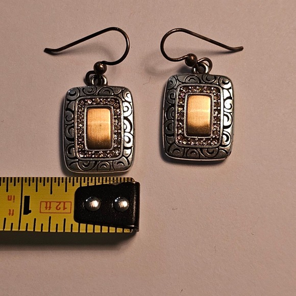 Brighton Rectangle Drop Earrings Silver Gold Tone Crystal Swirl Filigree - Picture 3 of 5